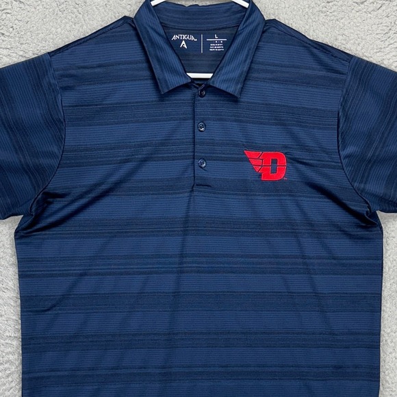 Dayton Flyers Mens Polo Shirt Large Navy Blue Stripe Golf Rugby Stretch Antigua